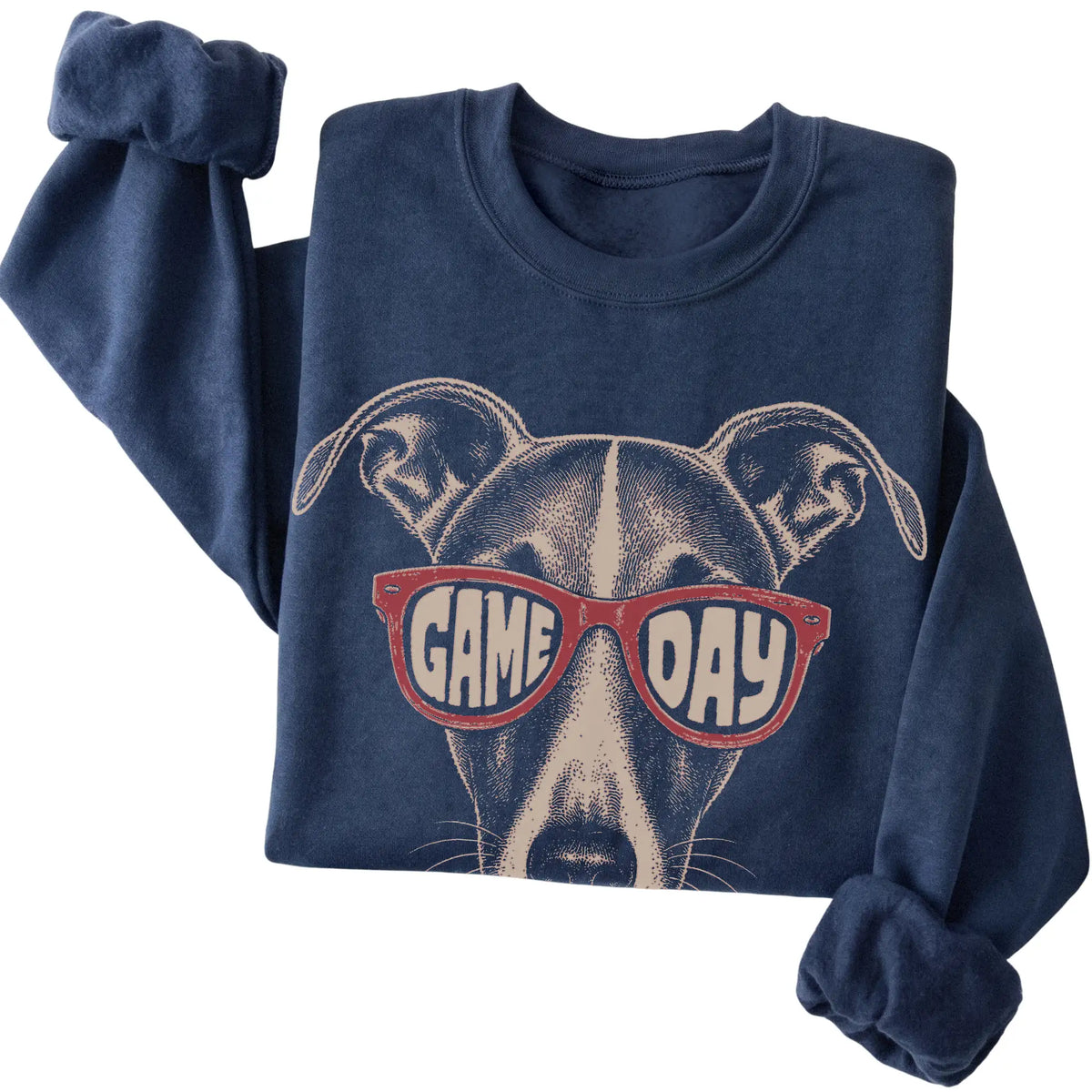 Whippet Game Day design on a Navy sweatshirt, folded view