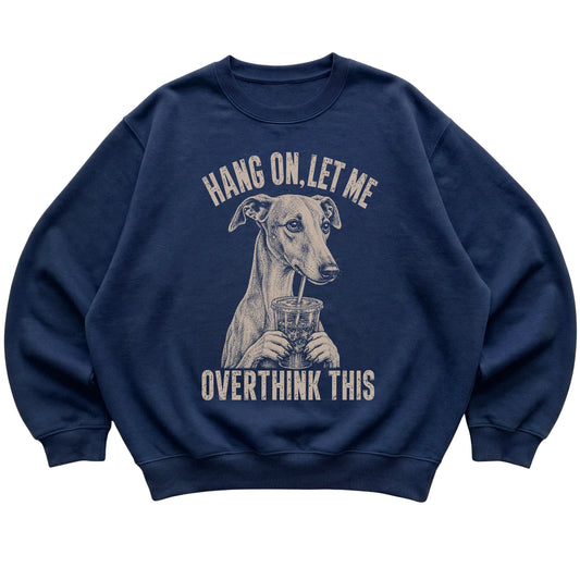 Navy crewneck sweatshirt featuring Overthinking Whippet, laid-flat presentation