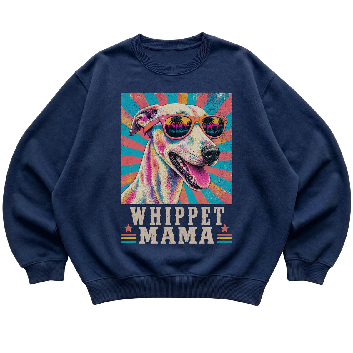 Retro Whippet Mama design on a Navy crewneck sweatshirt