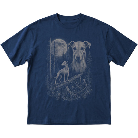 Whippet Moonlit Forest graphic on a navy Softstyle T-shirt laid flat