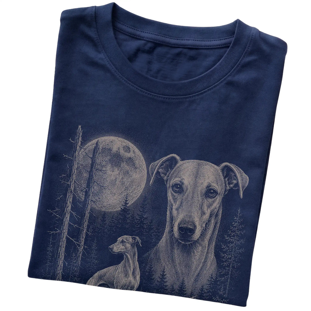 Folded navy Softstyle T-shirt showing the Whippet Moonlit Forest graphic