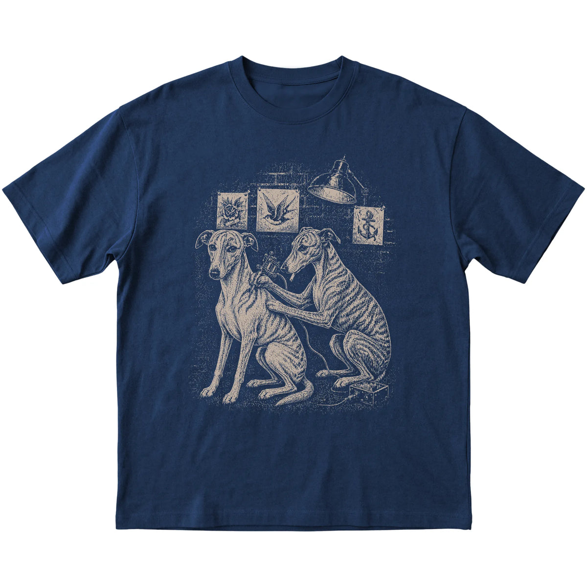 Navy Whippet Dog Tattoo Artist shirt laid flat