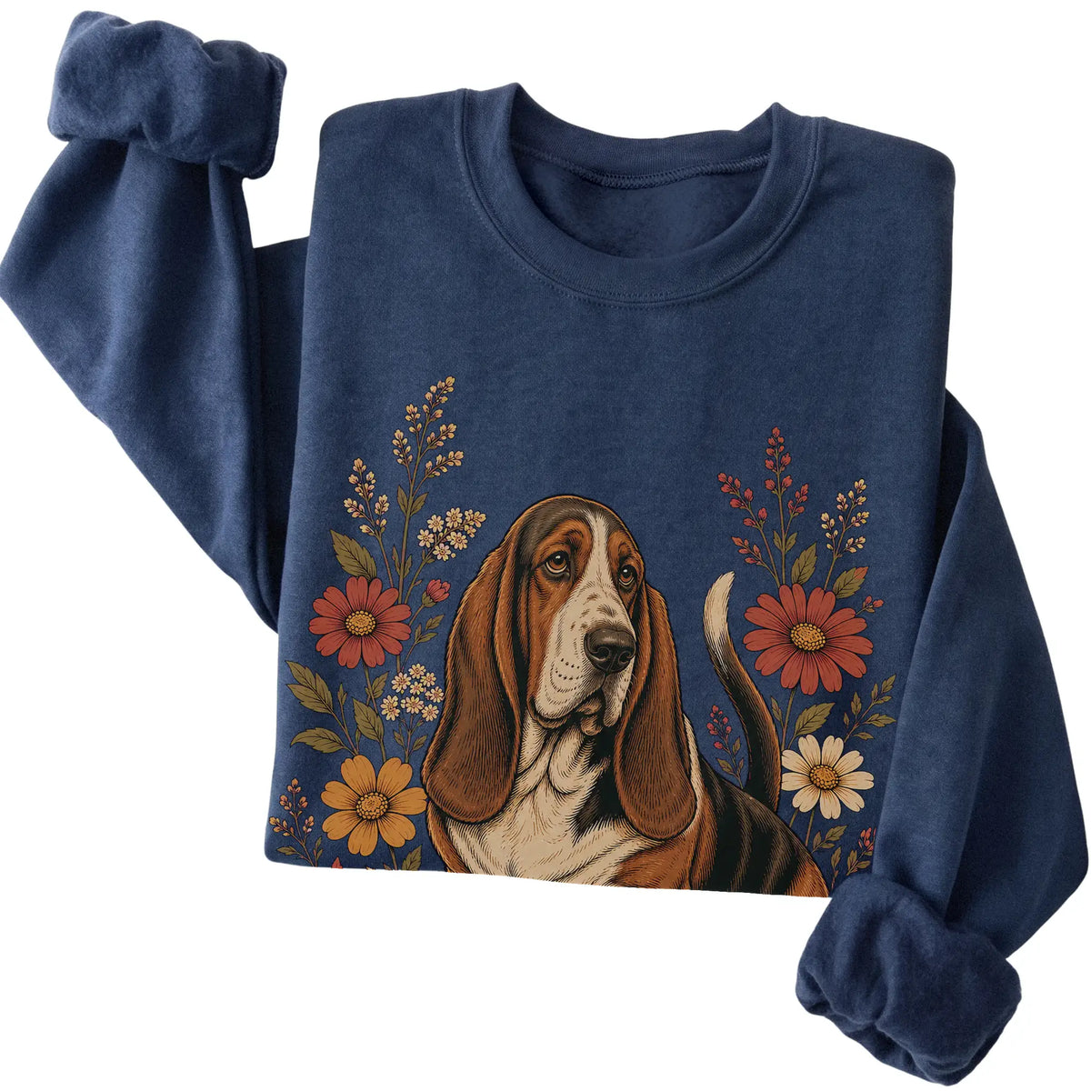 Navy crewneck sweatshirt with Basset Hound portrait and wildflowers, folded view