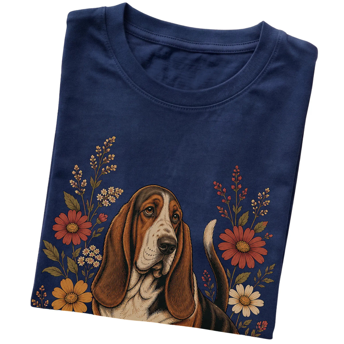 Navy Softstyle T-shirt with Basset Hound portrait and wildflowers, folded view