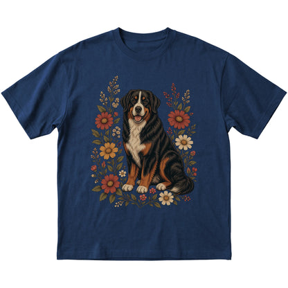 Navy Softstyle T-shirt with Bernese Mountain Dog portrait and wildflowers, flat lay