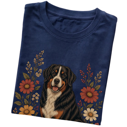 Navy Softstyle T-shirt with Bernese Mountain Dog portrait and wildflowers, folded view