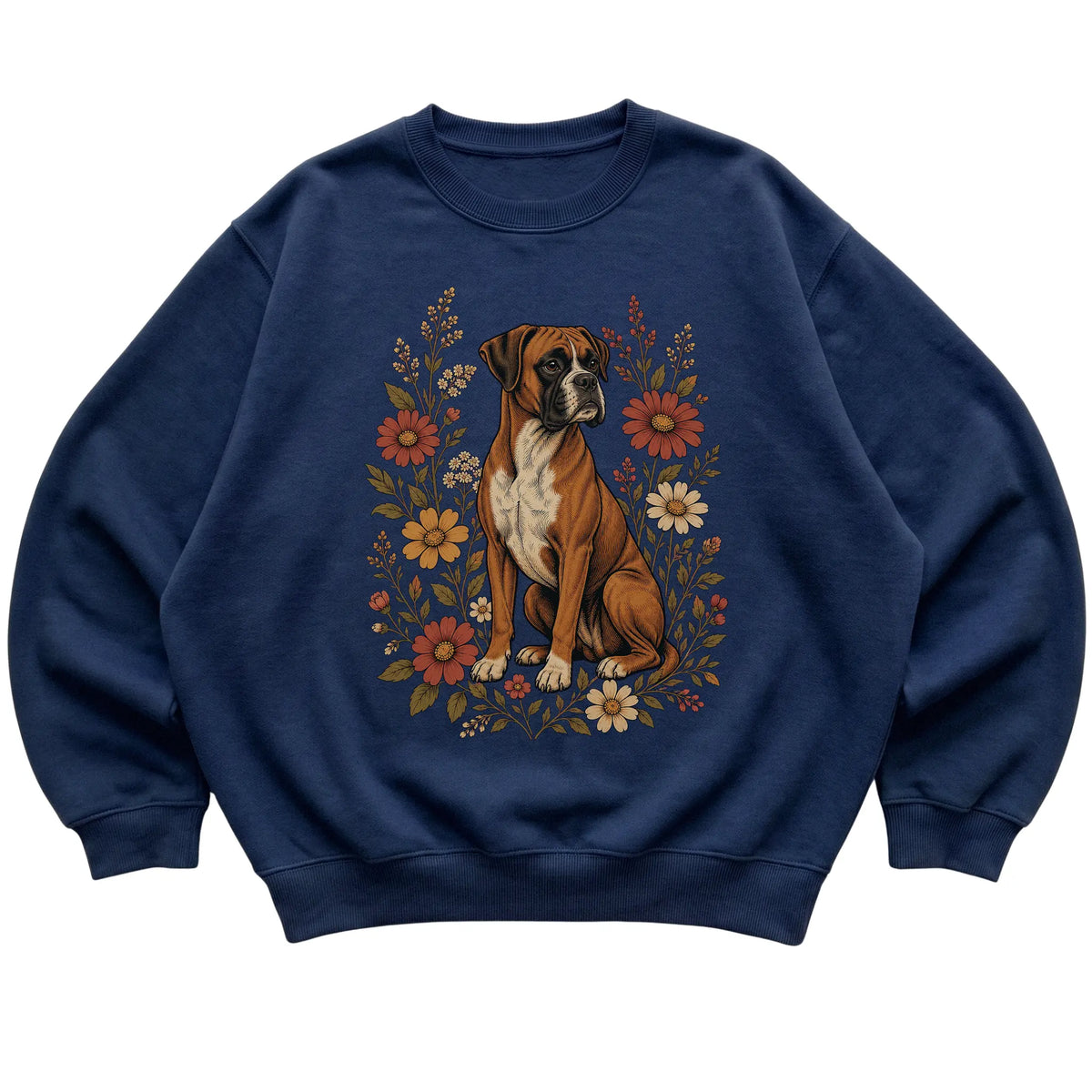 Navy crewneck sweatshirt with Boxer portrait and wildflowers, flat lay