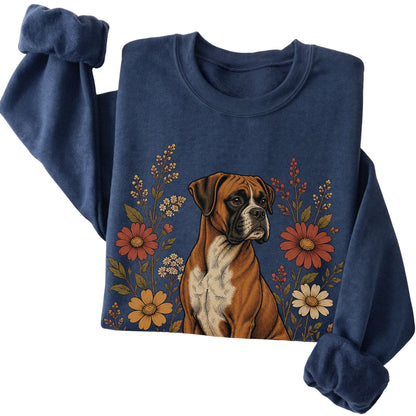 Navy crewneck sweatshirt with Boxer portrait and wildflowers, folded view