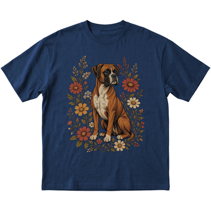 Navy Softstyle T-shirt with Boxer portrait and wildflowers, flat lay