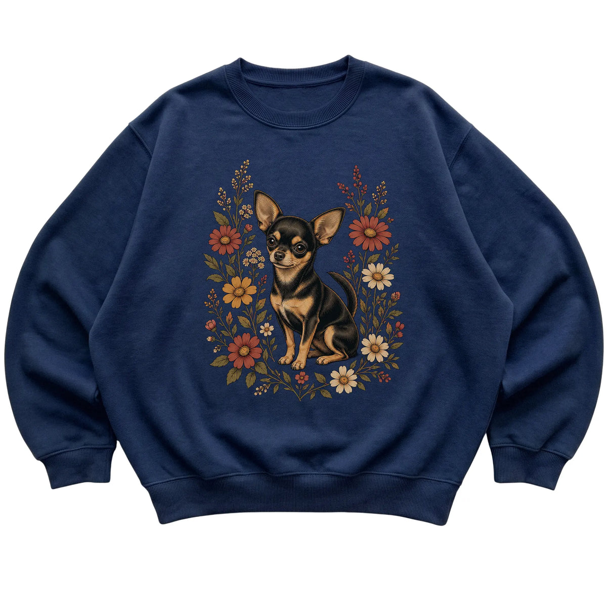 Navy crewneck sweatshirt with Chihuahua portrait and wildflowers, flat lay