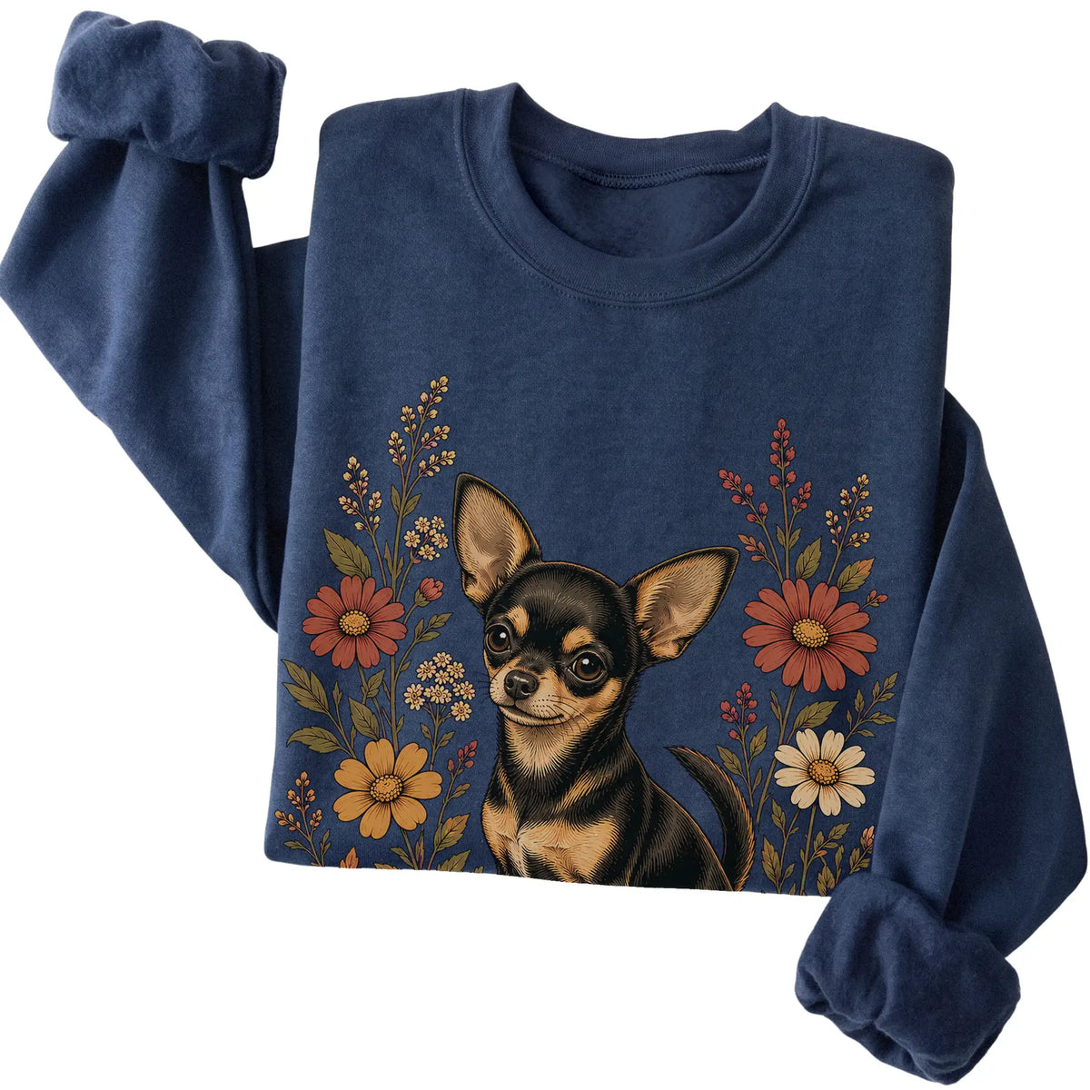 Navy crewneck sweatshirt with Chihuahua portrait and wildflowers, folded view
