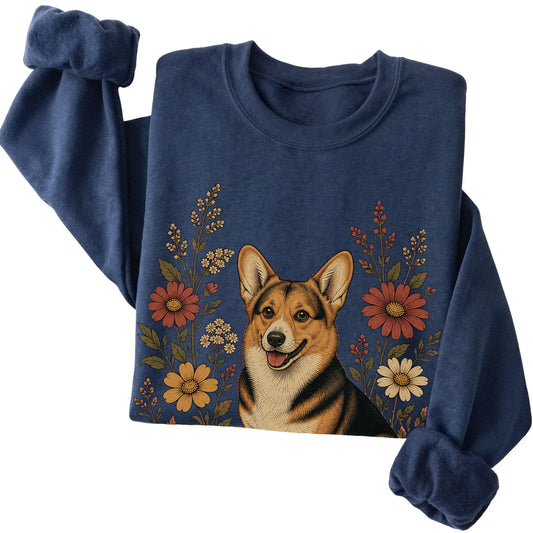 Navy crewneck sweatshirt with Corgi portrait and wildflowers, folded view