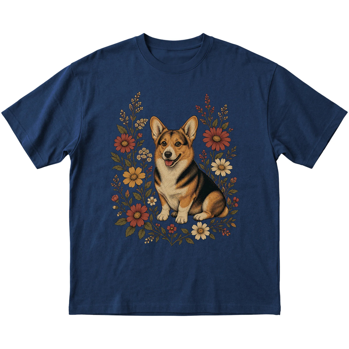 Navy Softstyle T-shirt with Corgi portrait and wildflowers, flat lay