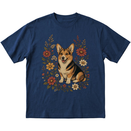Navy Softstyle T-shirt with Corgi portrait and wildflowers, flat lay