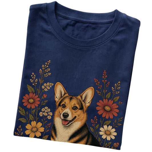 Navy Softstyle T-shirt with Corgi portrait and wildflowers, folded view