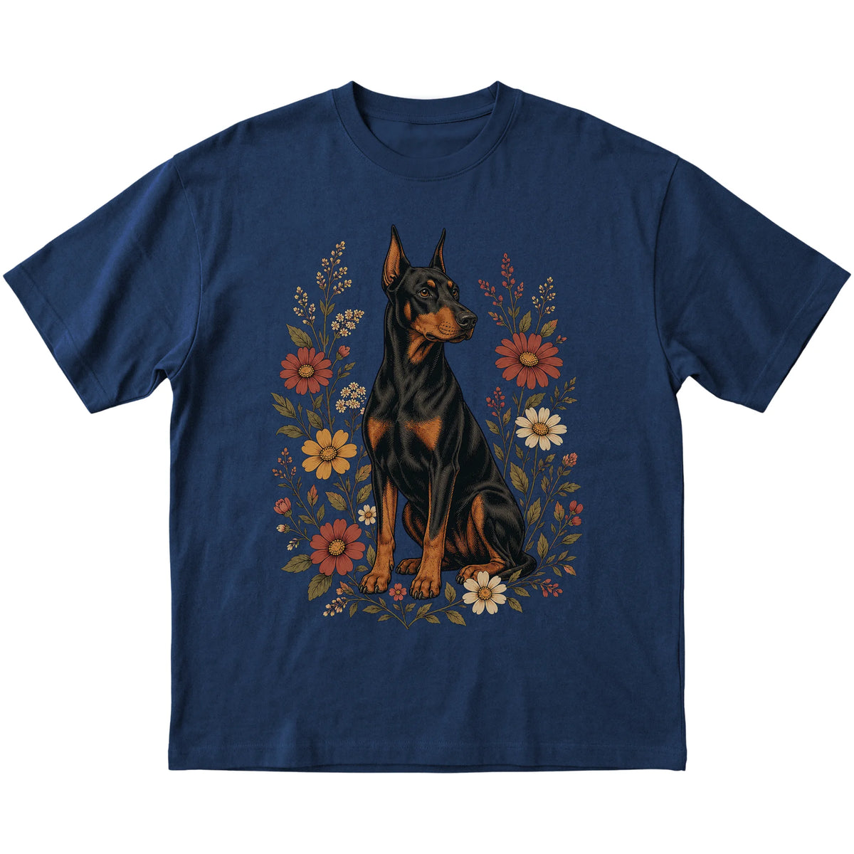 Navy Softstyle T-shirt with Doberman portrait and wildflowers, flat lay