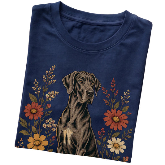 Navy Softstyle T-shirt with Great Dane portrait and wildflowers, folded view