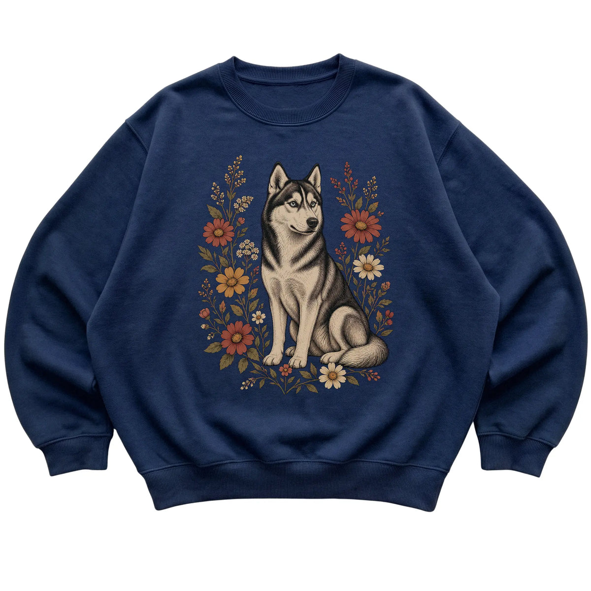 Navy crewneck sweatshirt with Husky portrait and wildflowers, flat lay
