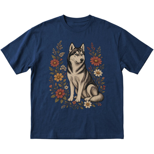 Navy Softstyle T-shirt with Husky portrait and wildflowers, flat lay