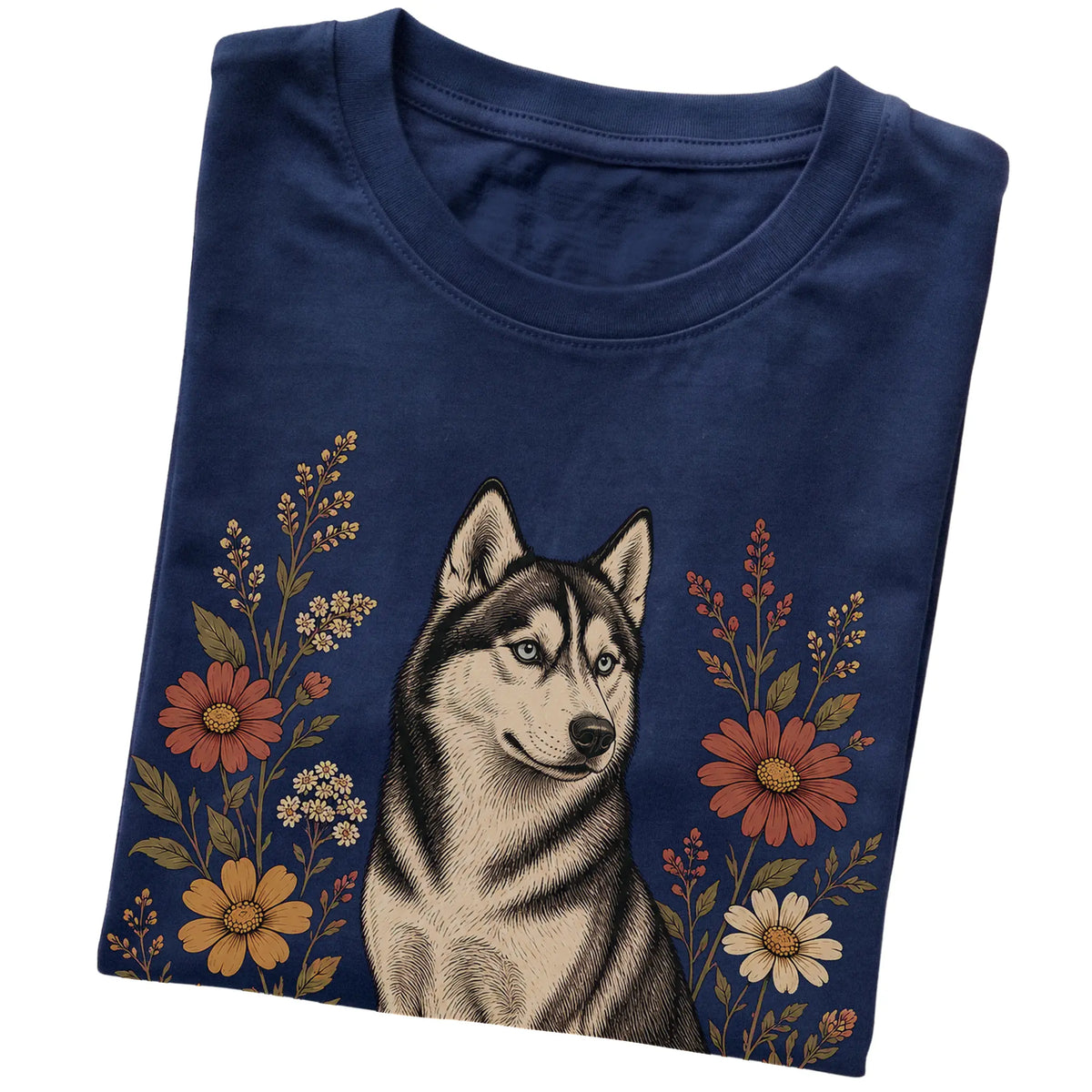 Navy Softstyle T-shirt with Husky portrait and wildflowers, folded view
