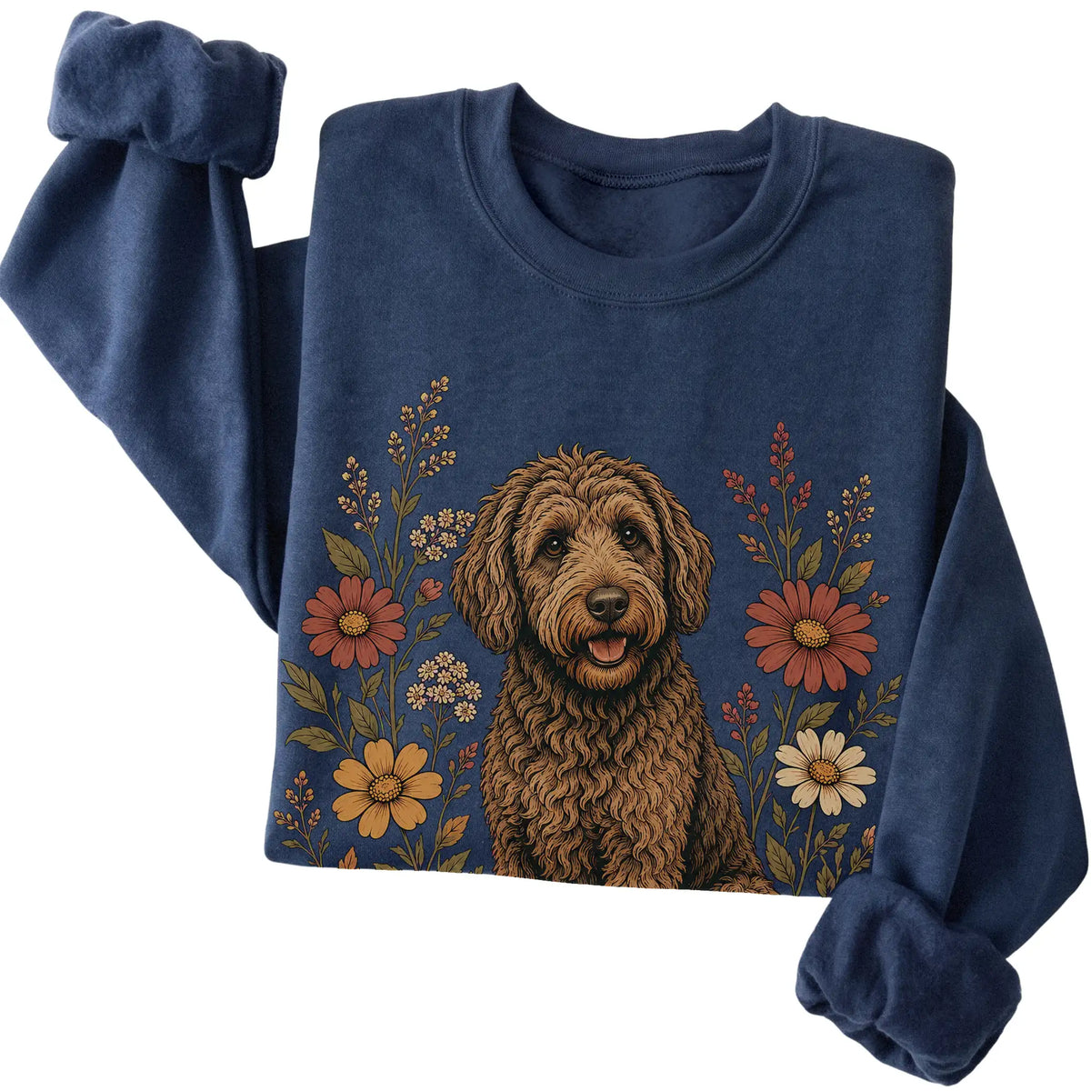 Navy crewneck sweatshirt with Labradoodle portrait and wildflowers, folded view