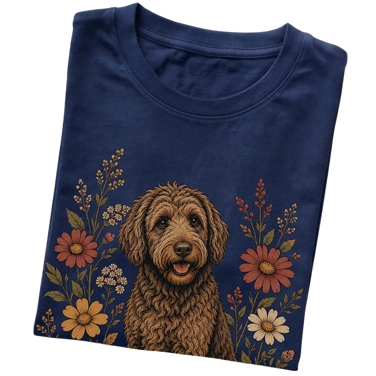 Navy Softstyle T-shirt with Labradoodle portrait and wildflowers, folded view