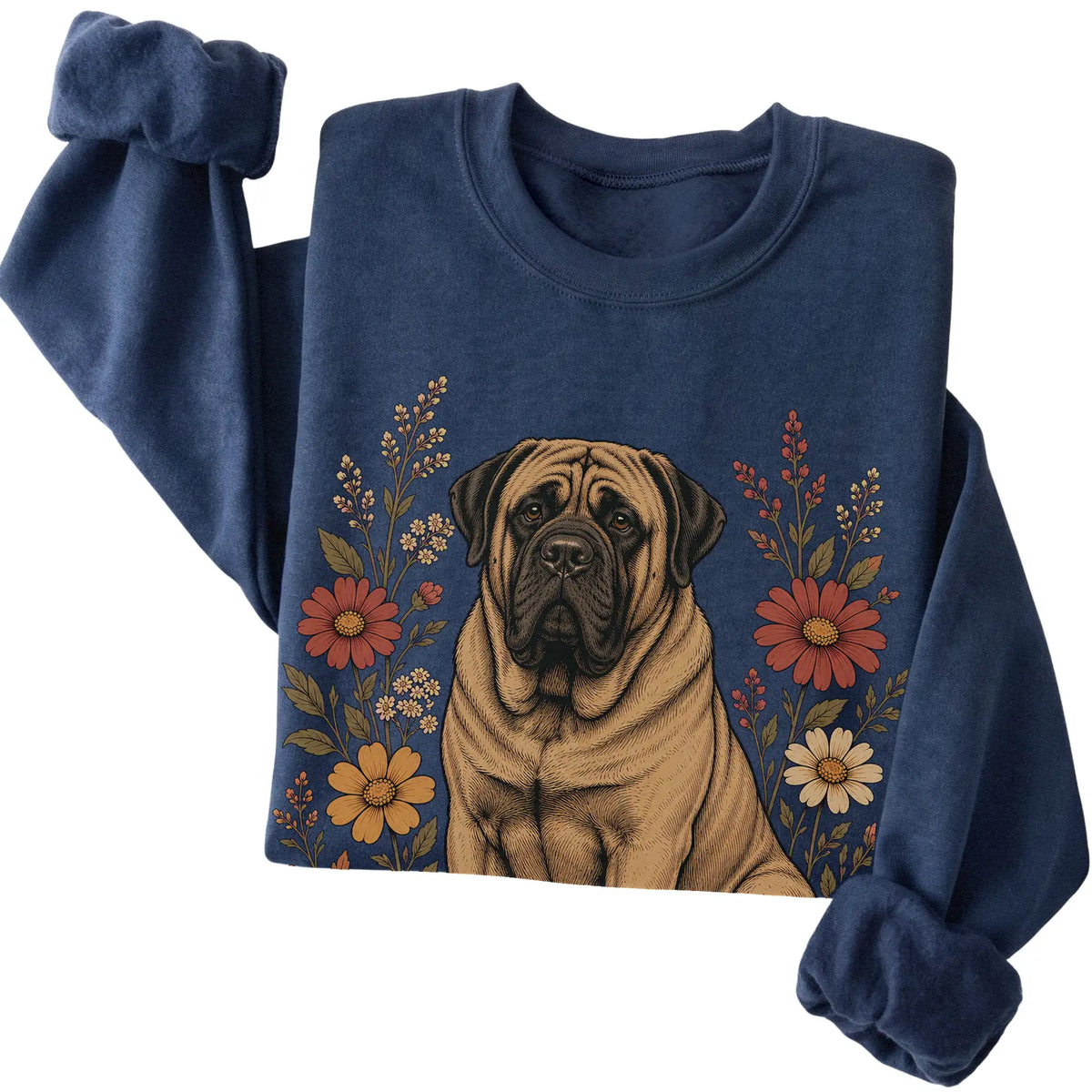 Navy crewneck sweatshirt with Mastiff portrait and wildflowers, folded view