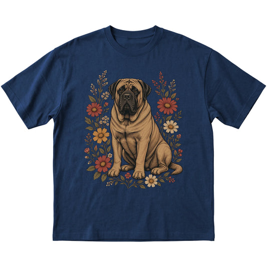 Navy Softstyle T-shirt with Mastiff portrait and wildflowers, flat lay