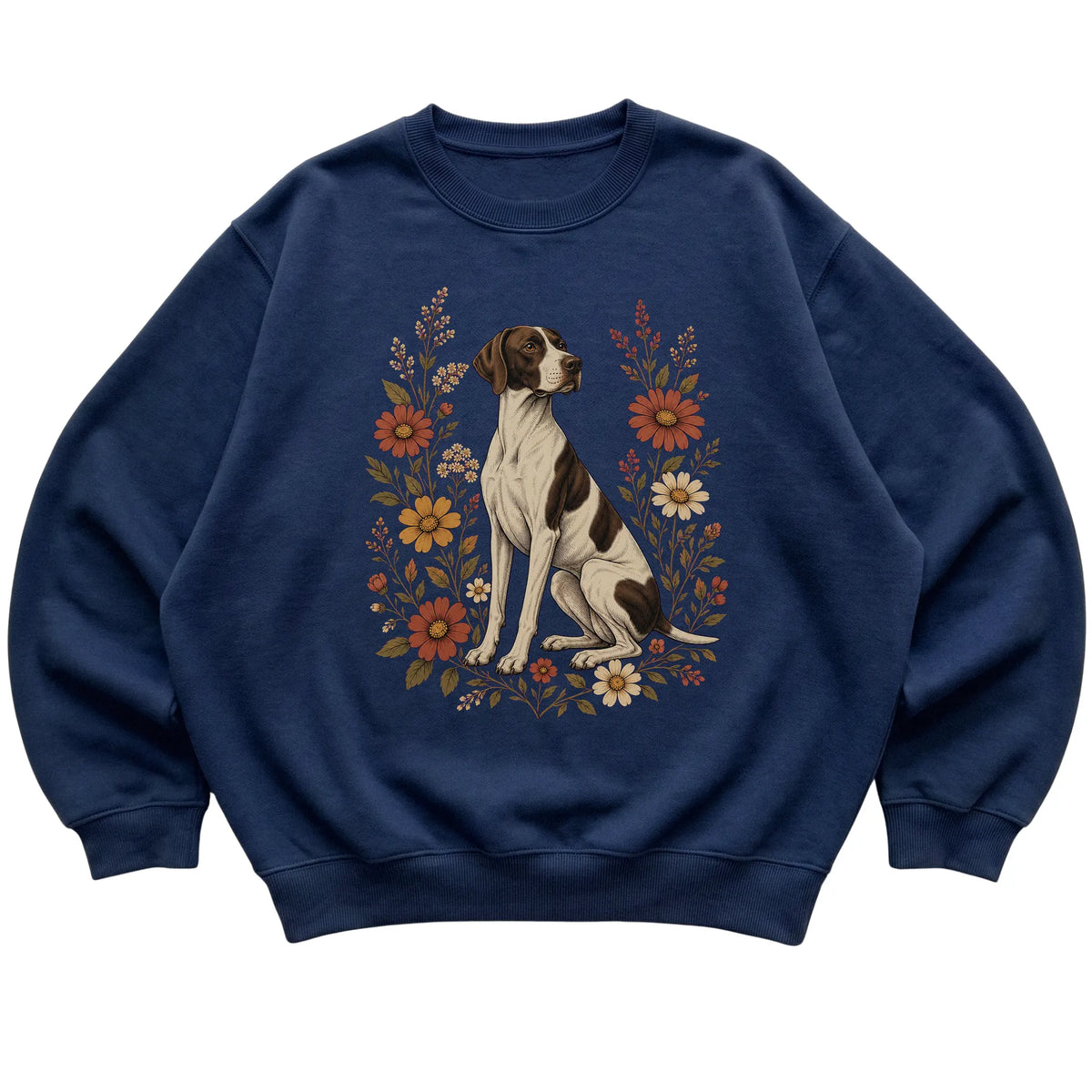 Navy crewneck sweatshirt with Pointer portrait and wildflowers, flat lay