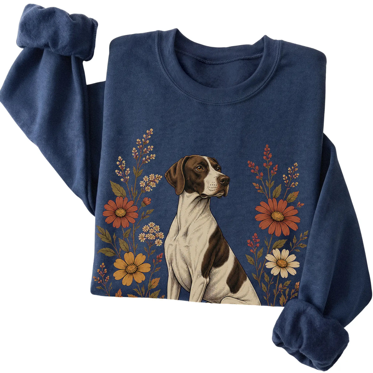 Navy crewneck sweatshirt with Pointer portrait and wildflowers, folded view