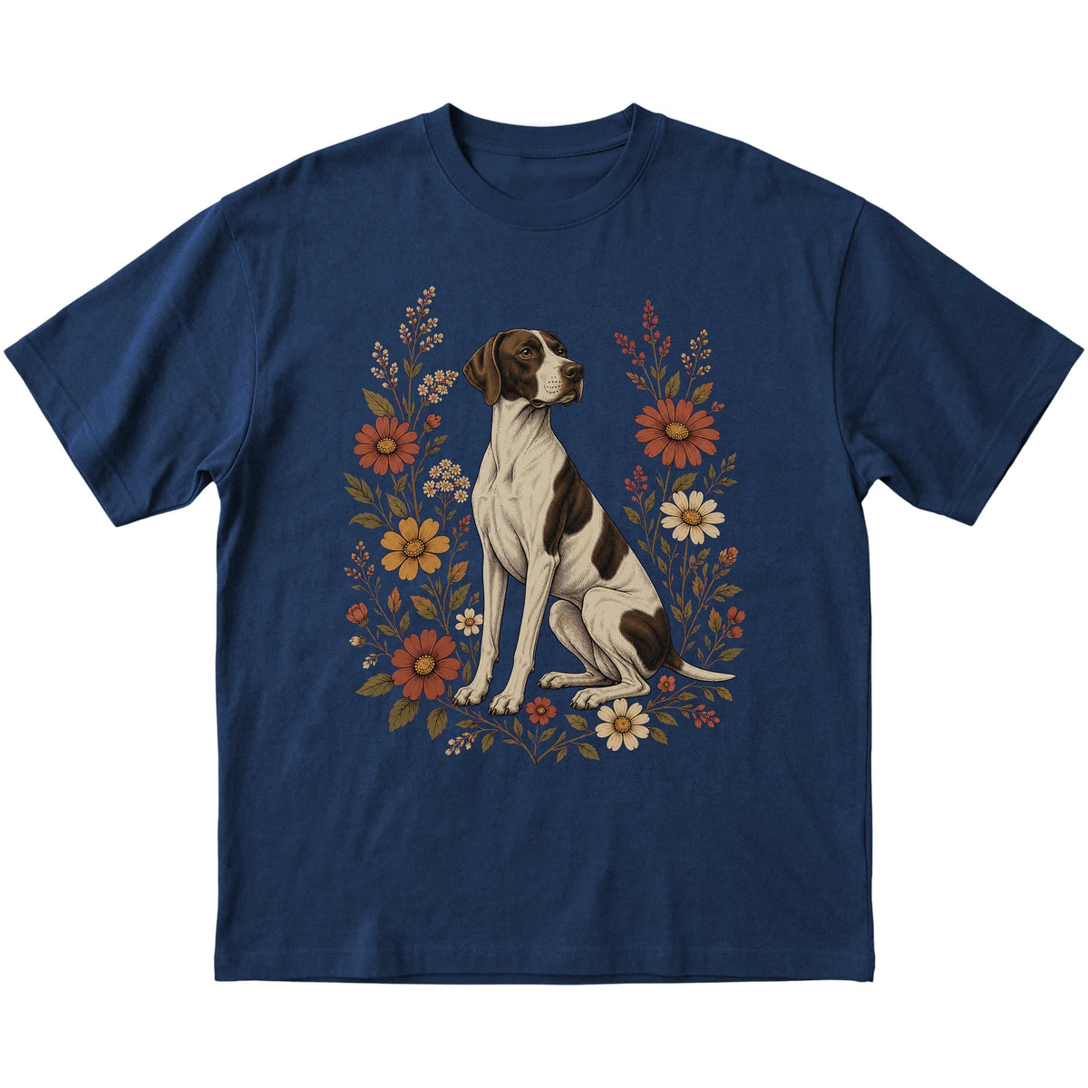 Navy Softstyle T-shirt with Pointer portrait and wildflowers, flat lay