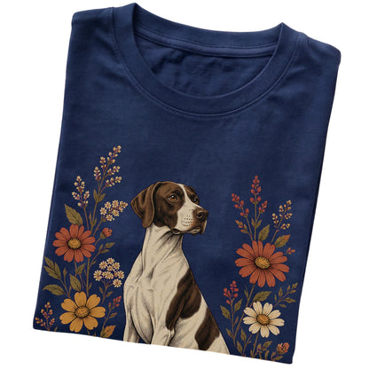 Navy Softstyle T-shirt with Pointer portrait and wildflowers, folded view