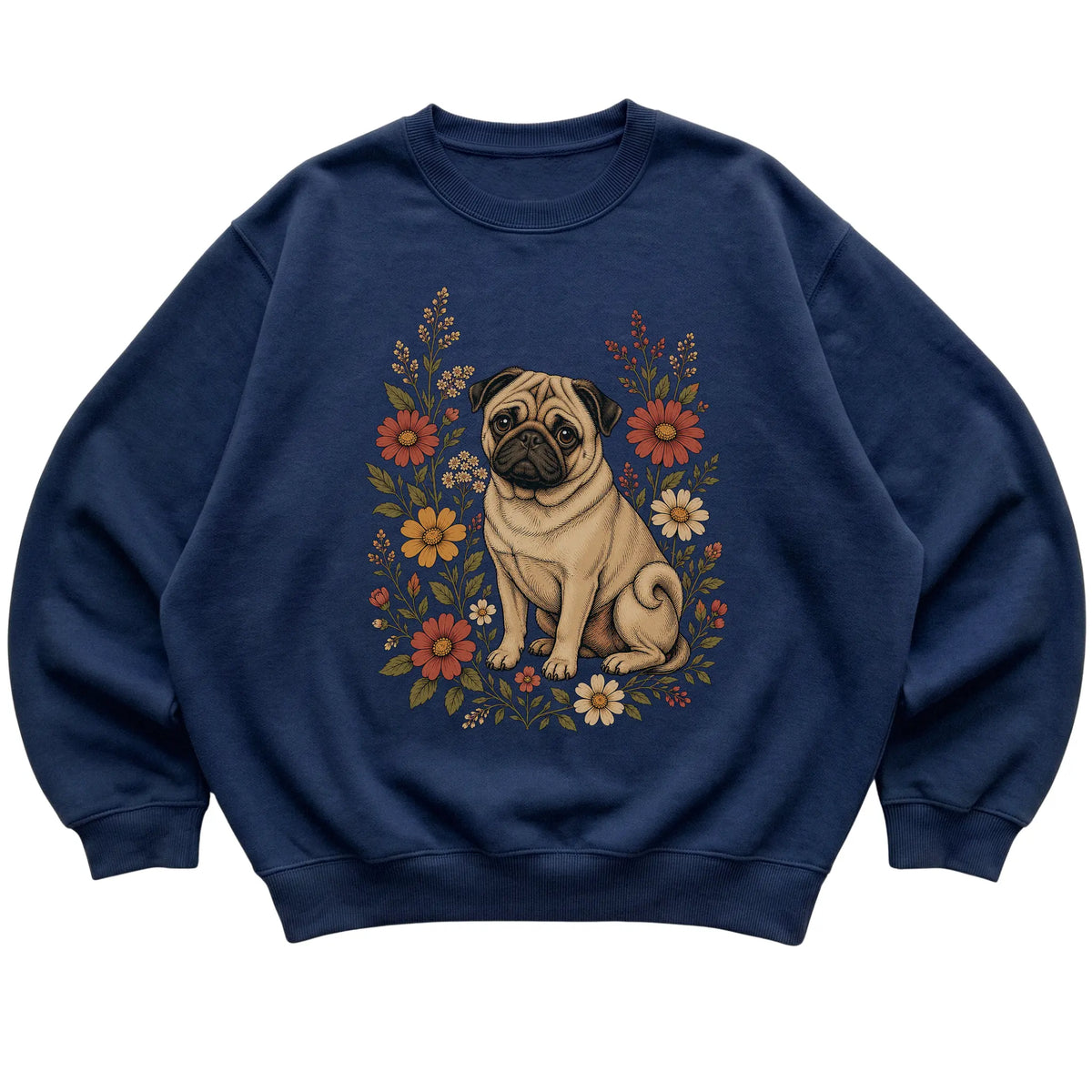 Navy crewneck sweatshirt with Pug portrait and wildflowers, flat lay