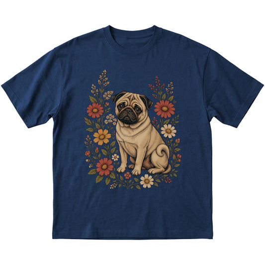 Navy Softstyle T-shirt with Pug portrait and wildflowers, flat lay