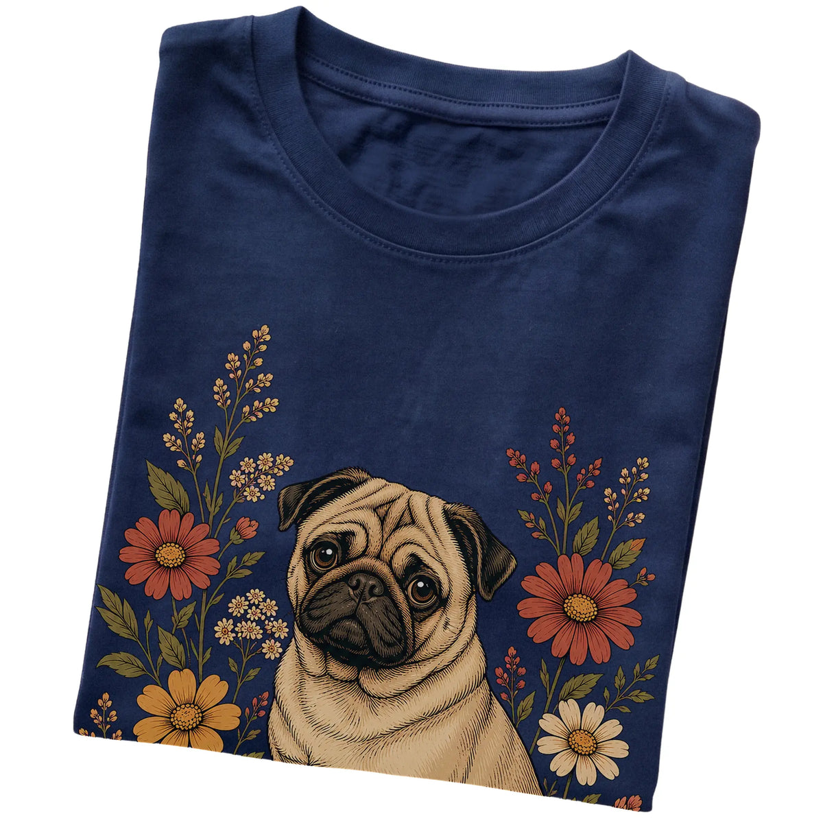 Navy Softstyle T-shirt with Pug portrait and wildflowers, folded view