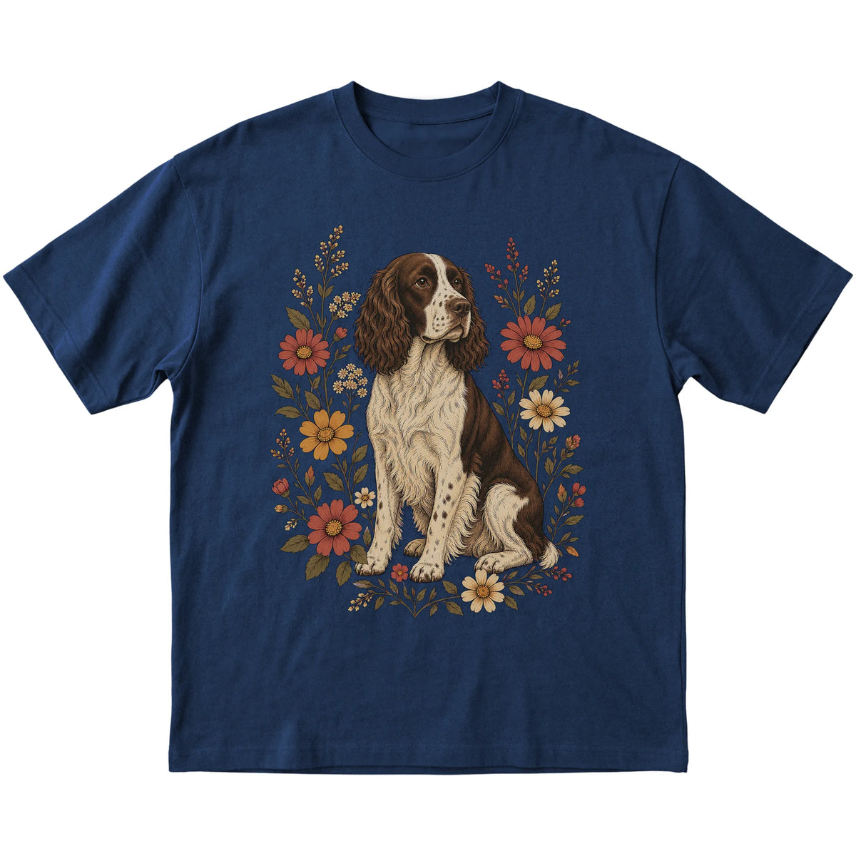 Navy Softstyle T-shirt with Springer Spaniel portrait and wildflowers, flat lay