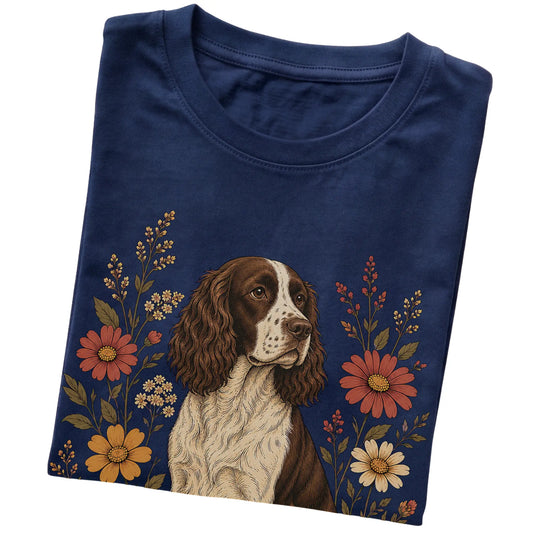 Navy Softstyle T-shirt with Springer Spaniel portrait and wildflowers, folded view