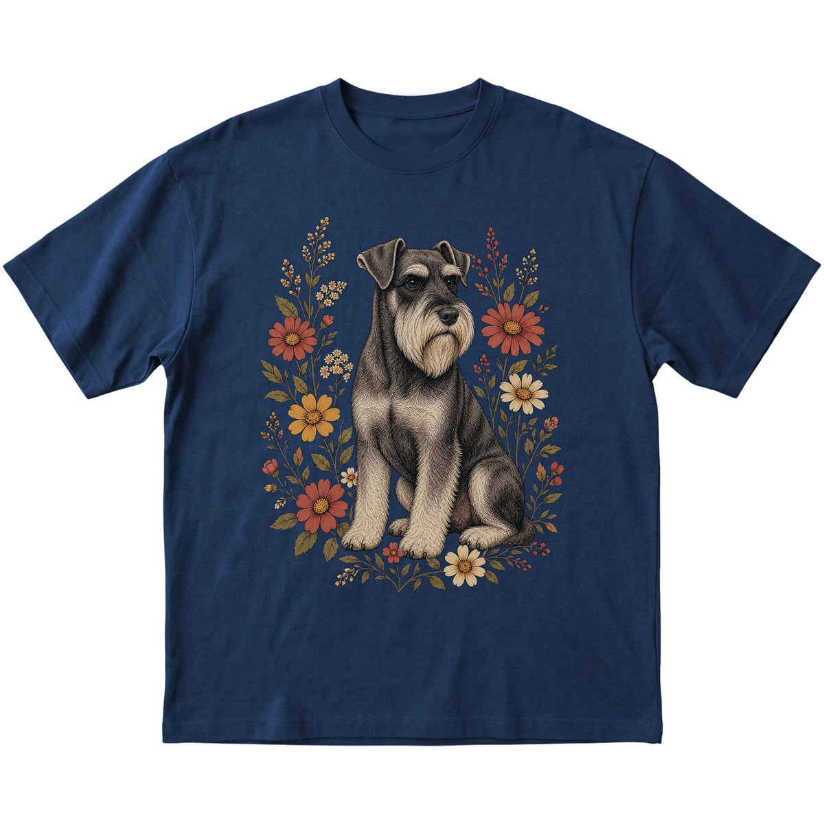 Navy Softstyle T-shirt with Standard Schnauzer portrait and wildflowers, flat lay
