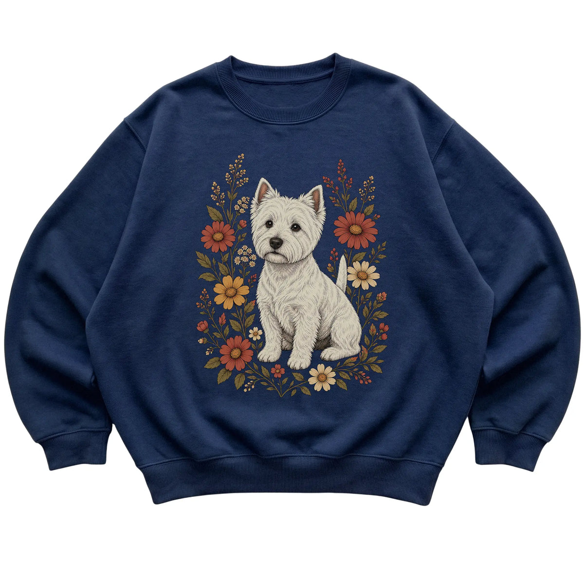 Navy crewneck sweatshirt with Westie portrait and wildflowers, flat lay