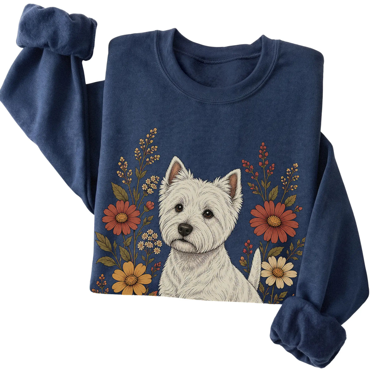 Navy crewneck sweatshirt with Westie portrait and wildflowers, folded view