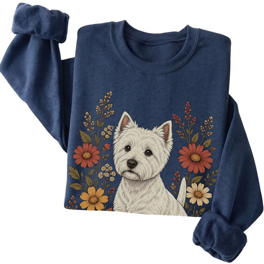 Navy crewneck sweatshirt with Westie portrait and wildflowers, folded view