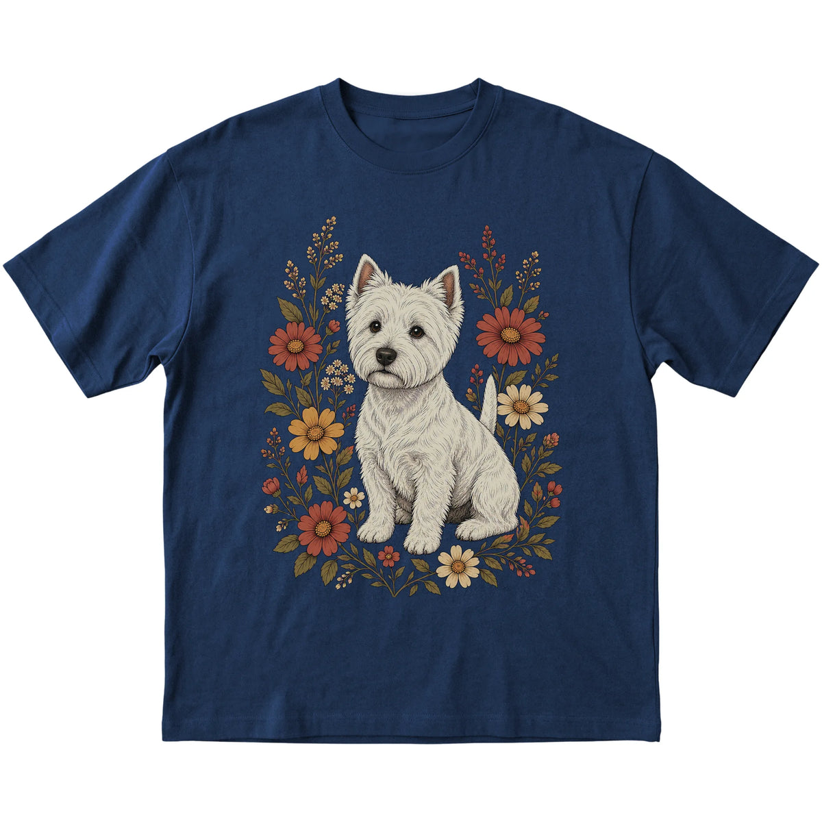 Navy Softstyle T-shirt with Westie portrait and wildflowers, flat lay