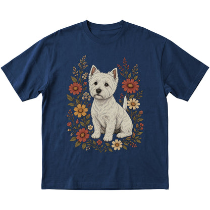 Navy Softstyle T-shirt with Westie portrait and wildflowers, flat lay
