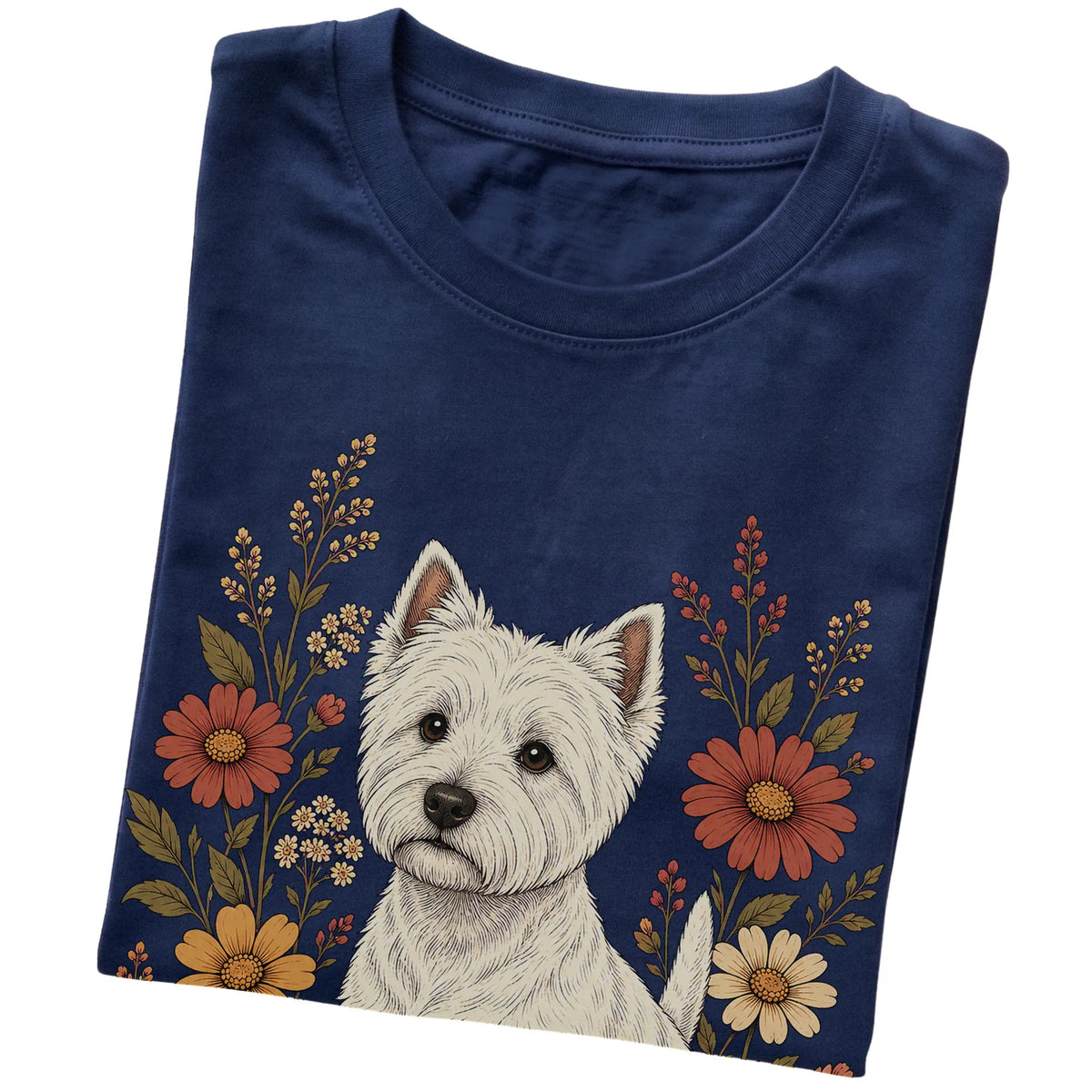 Navy Softstyle T-shirt with Westie portrait and wildflowers, folded view
