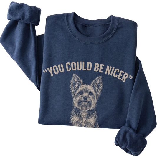 Yorkie Guard Dog Sweatshirt in Navy — folded detail