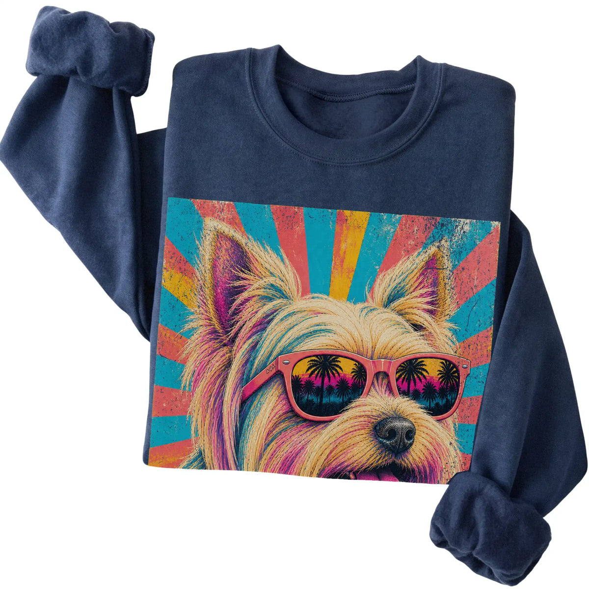 Folded Navy crewneck sweatshirt with a Retro Yorkie Mama design