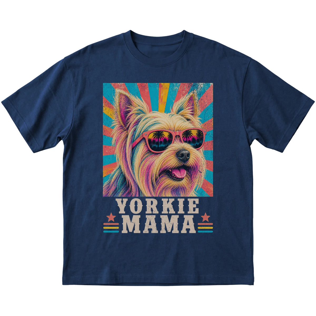 Retro Yorkie Mama design on a Navy softstyle T-shirt