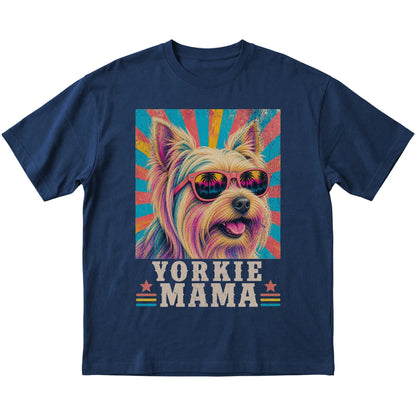 Retro Yorkie Mama design on a Navy softstyle T-shirt
