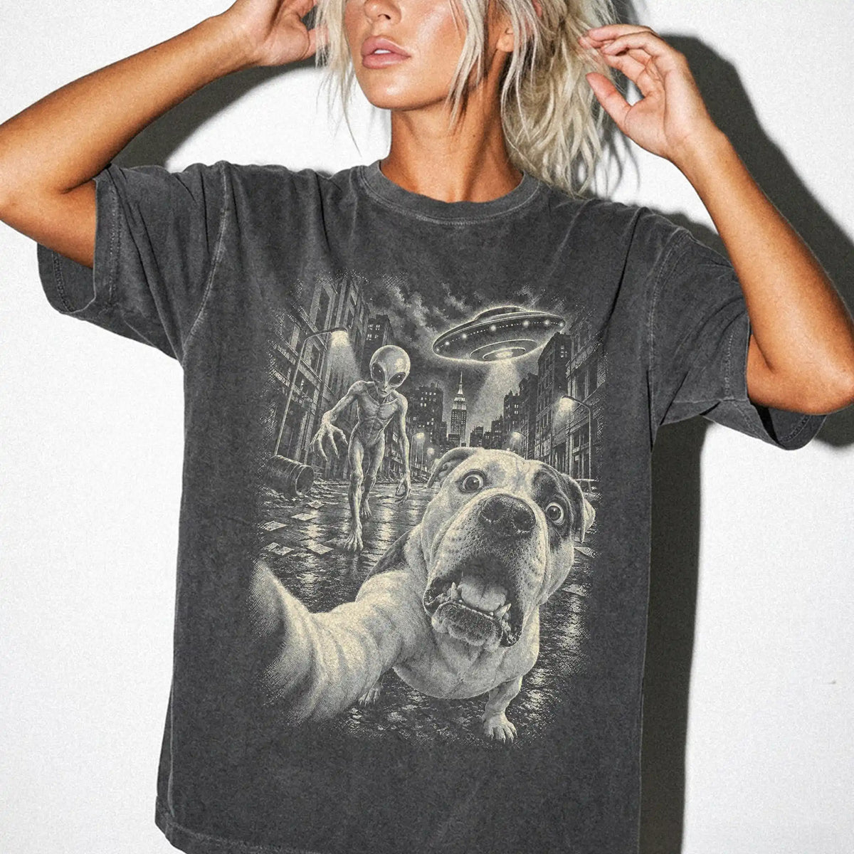 American Bulldog Alien Selfie Comfort Colors T-Shirt in Pepper, modeled view