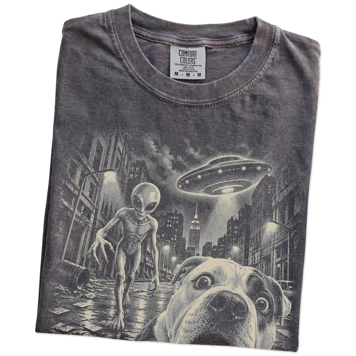 American Bulldog Alien Selfie Comfort Colors T-Shirt in Pepper, folded view